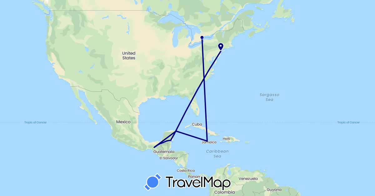 TravelMap itinerary: driving in Canada, Jamaica, Mexico, United States (North America)