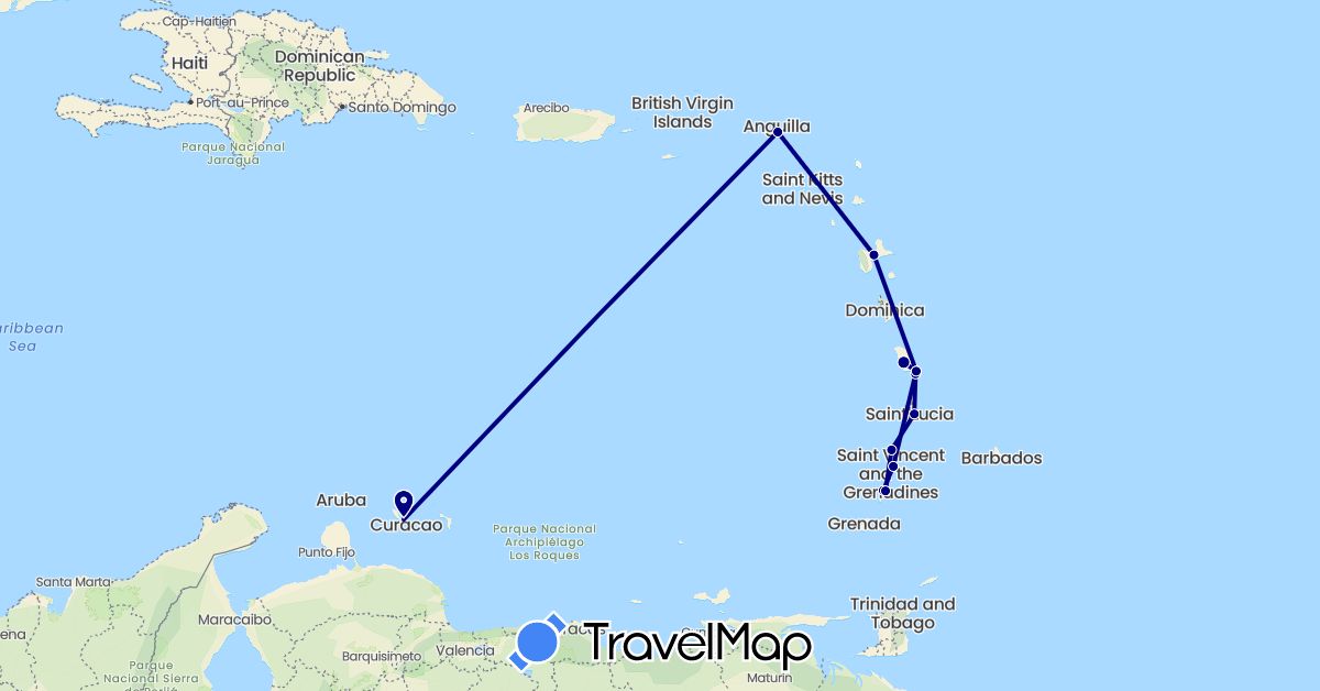TravelMap itinerary: driving in France, Saint Lucia, Netherlands, Saint Vincent and the Grenadines (Europe, North America)